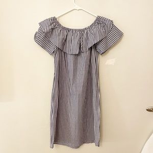 Potter's Pot Off‎ the Shoulder Navy Blue & White Striped Dress Size S (A118)
